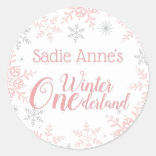 Winter ONEderland Birthday Pink Silver Glitter Classic Round Sticker