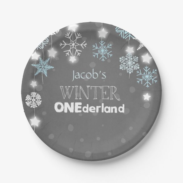 Winter onederland Birthday Plates Snowflakes Blue (Front)