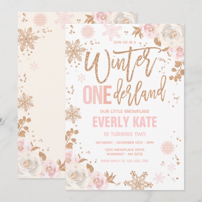 Winter ONEderland Birthday Rose Gold And Pink Invitation (Front/Back)