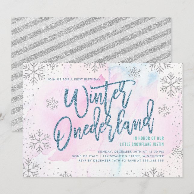 Winter ONEderland Birthday Silver Blue Glitter Invitation (Front/Back)