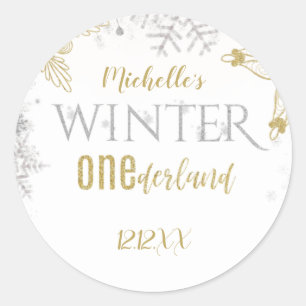 Winter Onederland Birthday Silver Gold Snowflake Classic Round Sticker