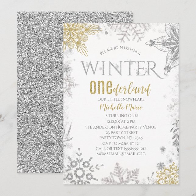 Winter Onederland Birthday Silver Gold Snowflake I Invitation (Front/Back)