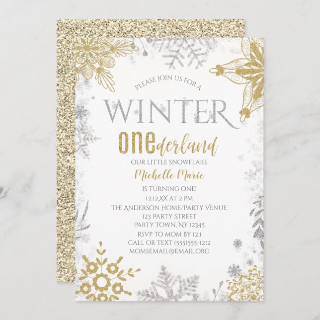 Winter Onederland Birthday Silver Gold Snowflake Invitation (Front/Back)