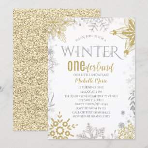 Winter Onederland Birthday Silver Gold Snowflake Invitation