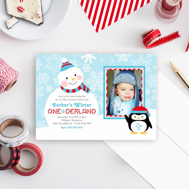 Winter ONEderland Birthday Snowman Penguin Photo Invitation (Creator Uploaded)