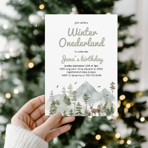 Winter ONEderland Birthday Watercolor Deer Invitation