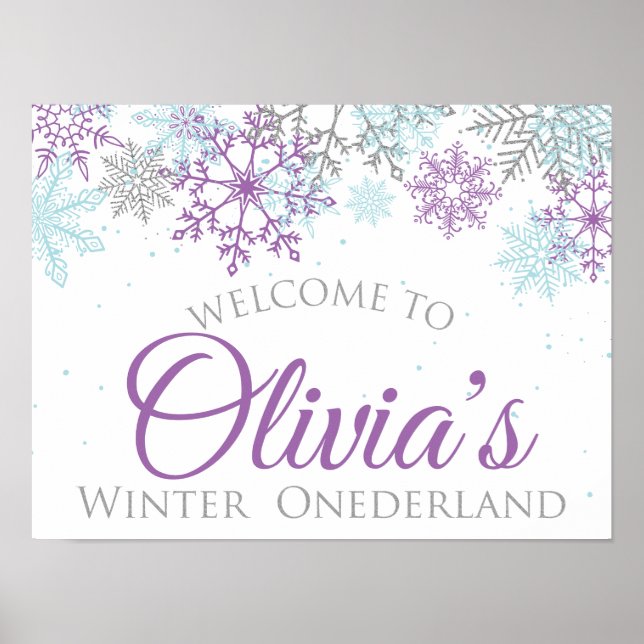 Winter Onederland Birthday Welcome Sign Purple (Front)