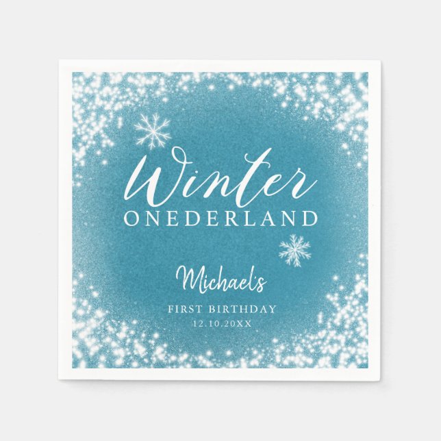 Winter Onederland Blue 1st Birthday Party Napkin (Front)