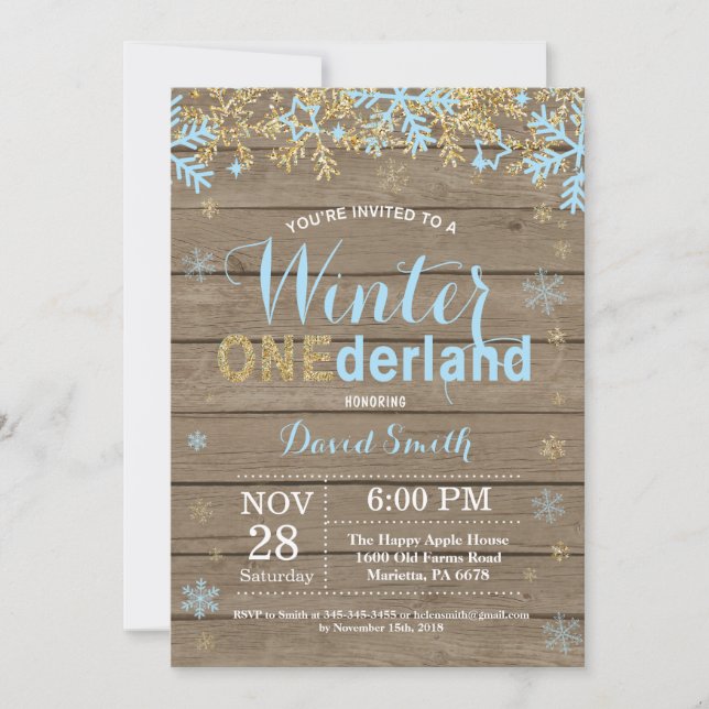 Winter Onederland Blue and Gold Boy 1st Birthday Invitation (Front)