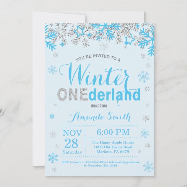 Winter Onederland Blue and Silver Boy 1st Birthday Invitation (Front)