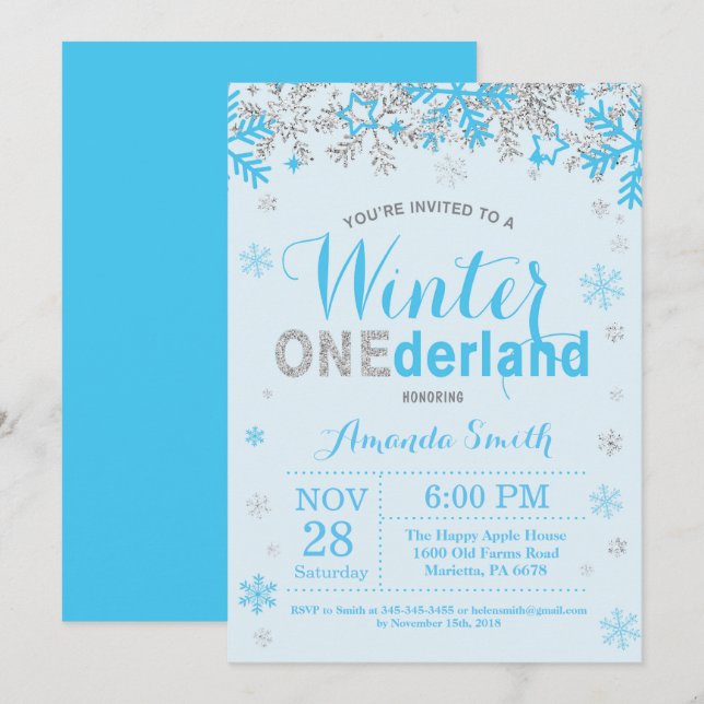 Winter Onederland Blue and Silver Boy 1st Birthday Invitation (Front/Back)