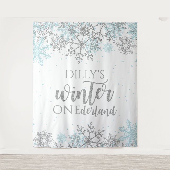 Winter Onederland Blue and Silver Snowflake Tapestry (Front)