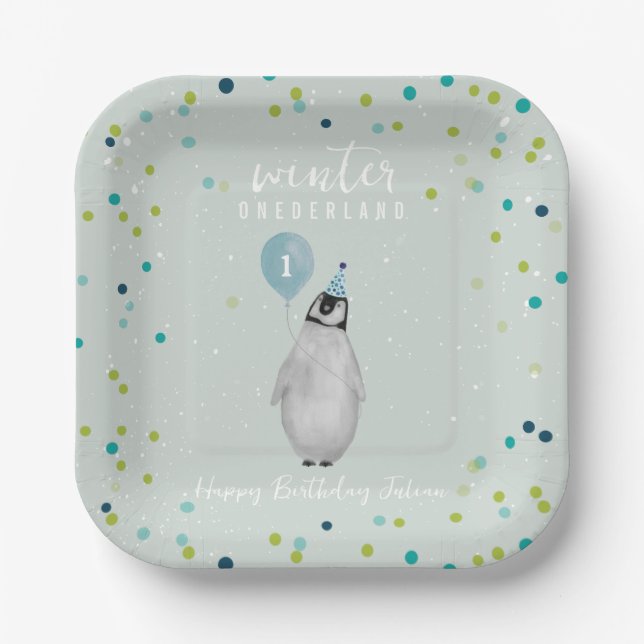Winter Onederland Blue Balloon Penguin Birthday Paper Plate (Front)