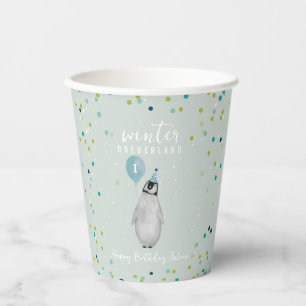 Winter Onederland Blue Balloon Penguin Paper Cups