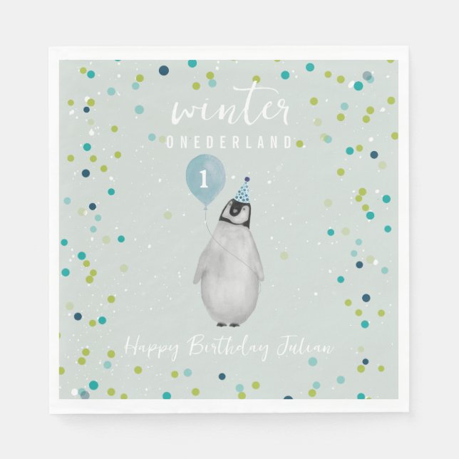 Winter Onederland Blue Birthday Balloon Penguin Napkin (Front)