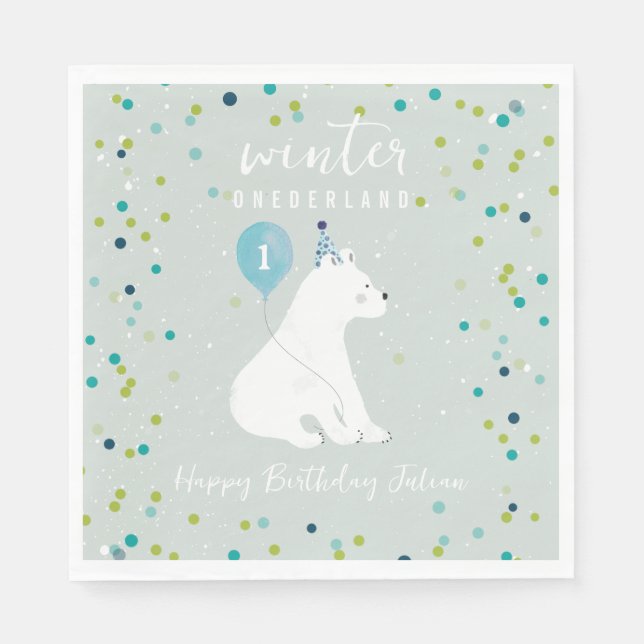 Winter Onederland Blue Birthday Balloon Polar Bear Napkin (Front)