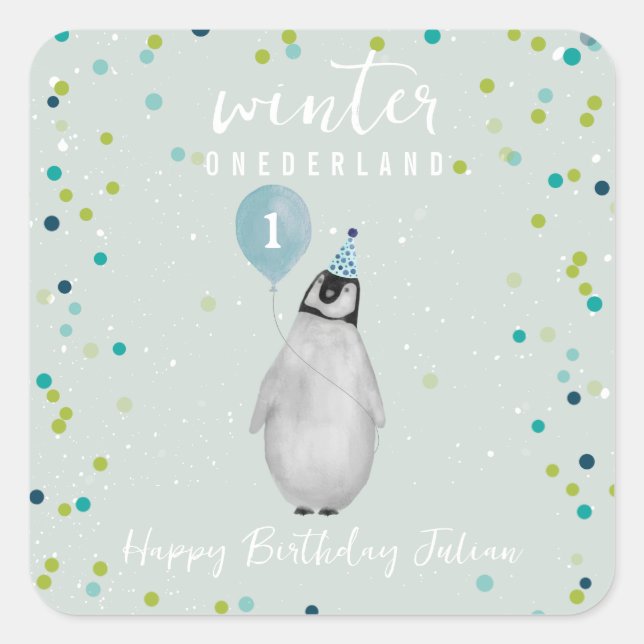 Winter Onederland Blue Birthday Penguin Balloon Square Sticker (Front)