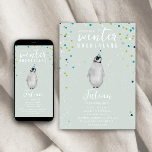 Winter Onederland Blue Birthday Penguin Confetti Invitation