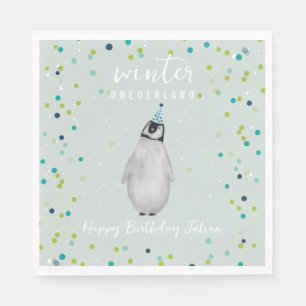 Winter Onederland Blue Birthday Penguin Confetti Napkin