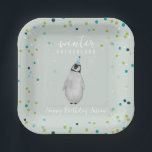 Winter Onederland Blue Birthday Penguin Confetti Paper Plate<br><div class="desc">Winter Onederland first birthday party theme featuring penguin in blue party hat over light blue background with snow speckle and confetti.</div>