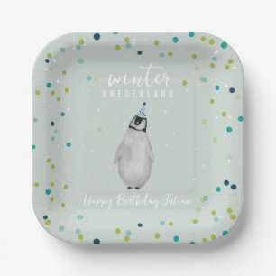 Winter Onederland Blue Birthday Penguin Confetti Paper Plate