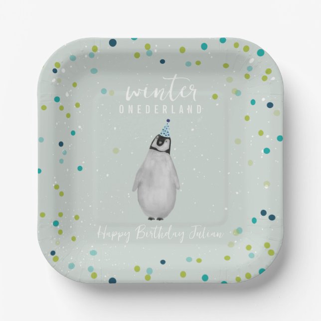 Winter Onederland Blue Birthday Penguin Confetti Paper Plate (Front)