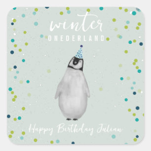 Winter Onederland Blue Birthday Penguin Confetti Square Sticker