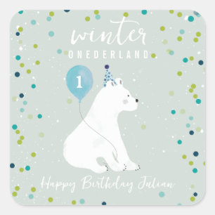 Winter Onederland Blue Birthday Polar Bear Snow Square Sticker