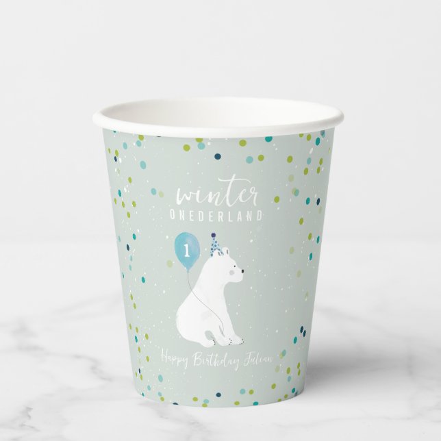 Winter Onederland Blue Birthday Snow Polar Bear Paper Cups (Front)