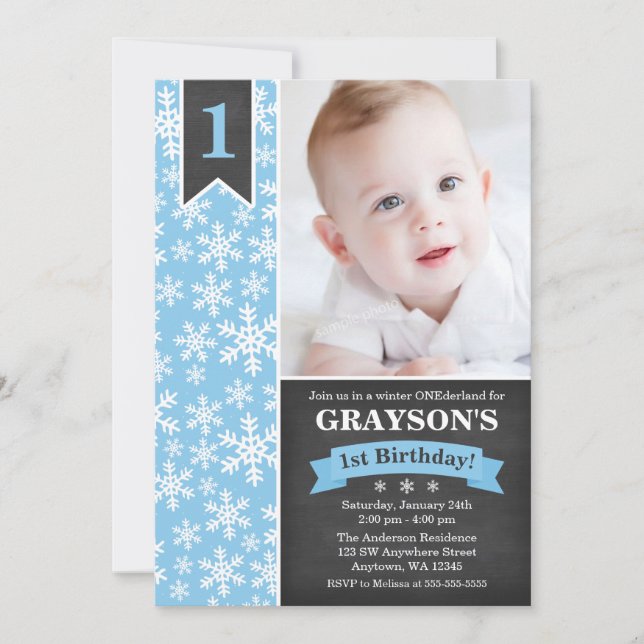 Winter Onederland Blue Boy 1st Birthday Invitation (Front)