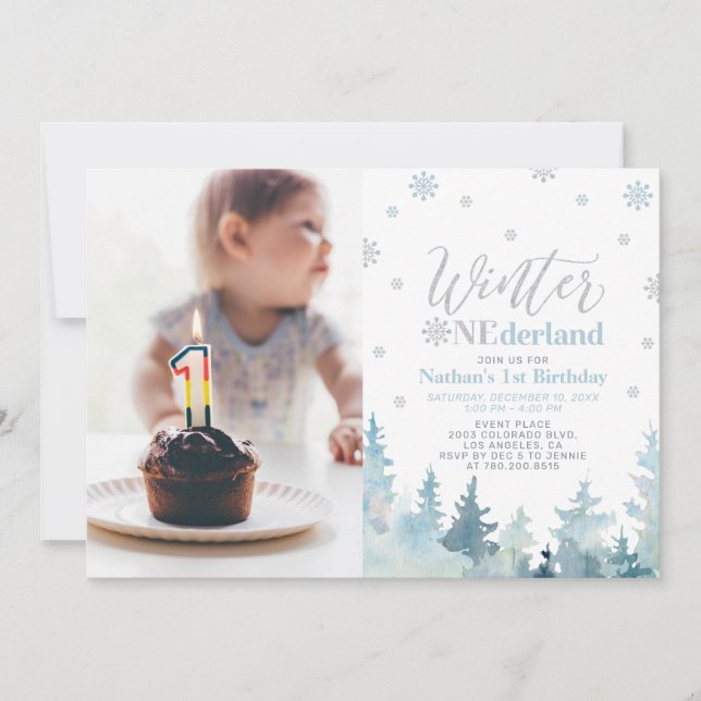 Winter Onederland  Blue Boy 1st Birthday Photo Invitation