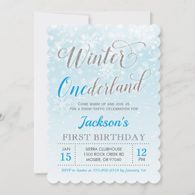 Winter Onederland Blue Boy First Birthday Party Invitation (Front)