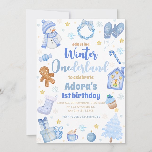 Winter ONEderland Blue Christmas Birthday Invite (Front)