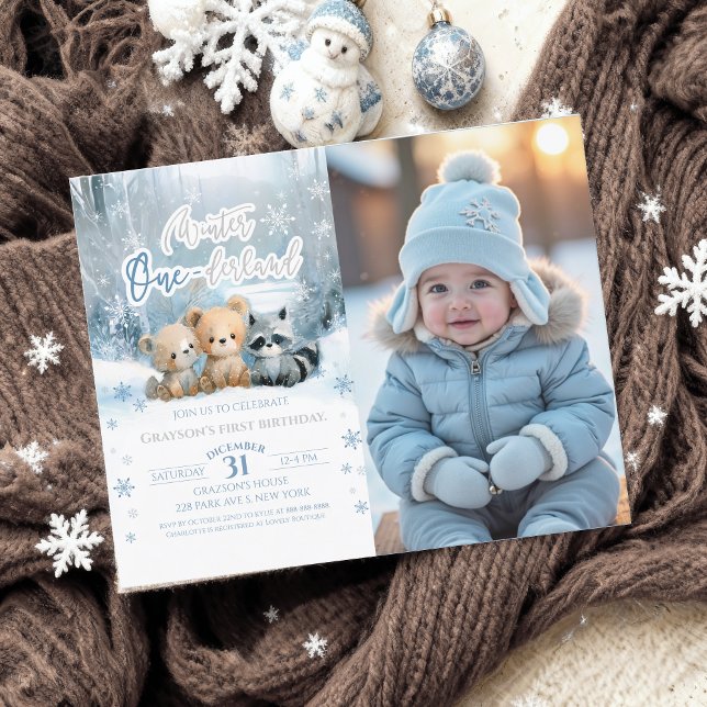 Winter Onederland Blue First Bday Photo Invitation (Creator Uploaded)