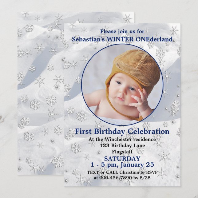 Winter ONEderland Blue First Birthday Snowflake Invitation (Front/Back)