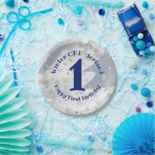 Winter ONEderland Blue First Birthday Snowflakes Paper Plate