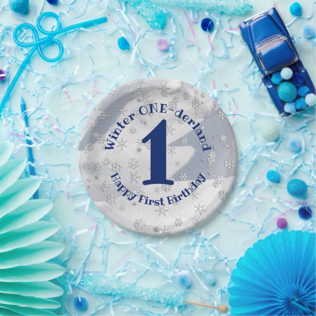 Winter ONEderland Blue First Birthday Snowflakes Paper Plate (Party)