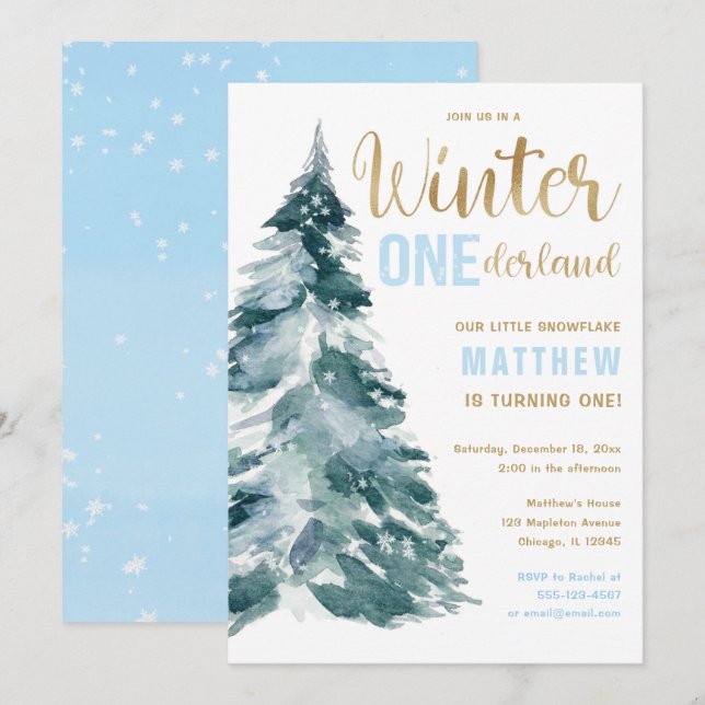 Winter ONEderland blue gold boy 1st birthday Invitation (Front/Back)