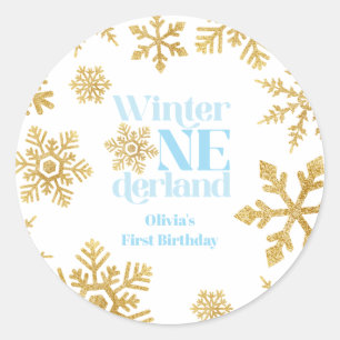 Winter Onederland Blue Gold Snowflake 1st Birthday Classic Round Sticker