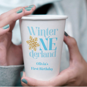 Winter Onederland Blue Gold Snowflake 1st Birthday Paper Cups