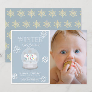 Winter Onederland Blue Photo 1st Birthday Invitation