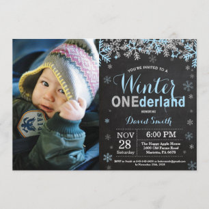 Winter Onederland Blue Silver Boy 1st Birthday Invitation