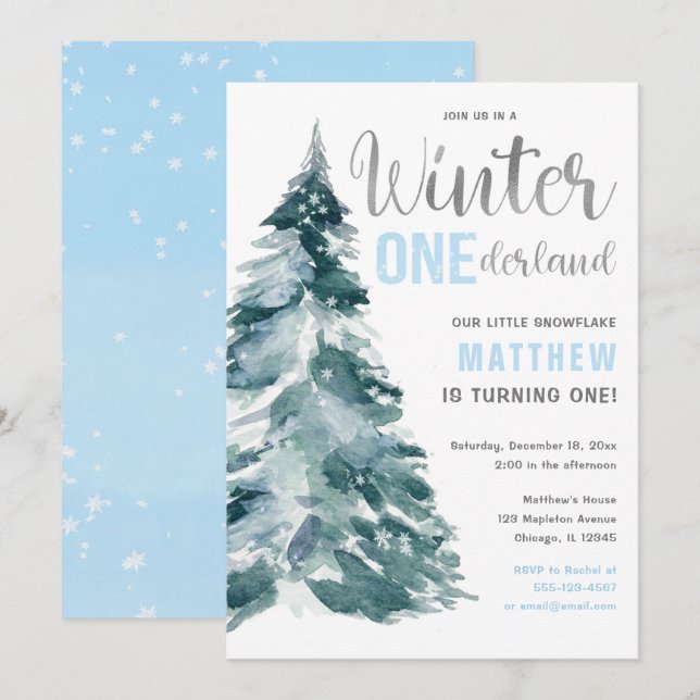 Winter ONEderland blue silver boy 1st birthday Invitation (Front/Back)
