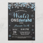 Winter Onederland Blue Silver Boy 1st Birthday Invitation<br><div class="desc">Winter Onederland Blue and Silver Boy 1st Birthday Invitation. 1st First Birthday Party. Blue and Silver Glitter Snowflake. Boy Birthday Party Invitation. Winter Holiday Bday. 1st First Birthday. Chalkboard Background. Black and White. For further customisation, please click the "Customise it" button and use our design tool to modify this template...</div>