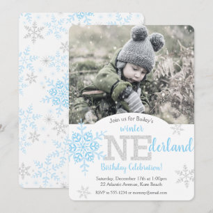 Winter ONEderland Blue Silver Glitter 1st Birthday Invitation