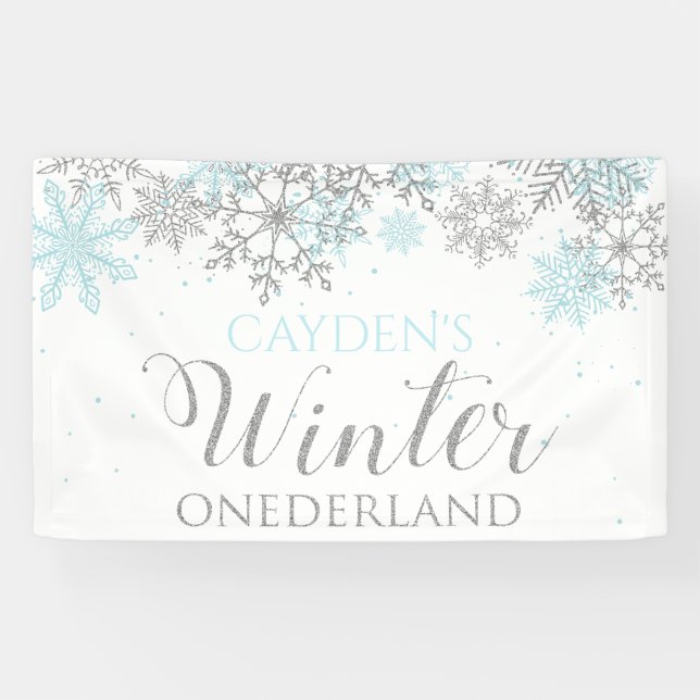Winter Onederland Blue Silver Snow First Birthday Banner (Horizontal)