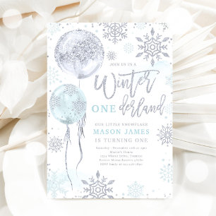 Winter Onederland Blue Silver Snowflake Birthday Invitation