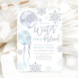 Winter Onederland Blue Silver Snowflake Birthday Invitation