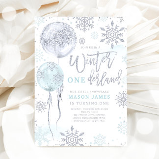 Winter Onederland Blue Silver Snowflake Birthday Invitation