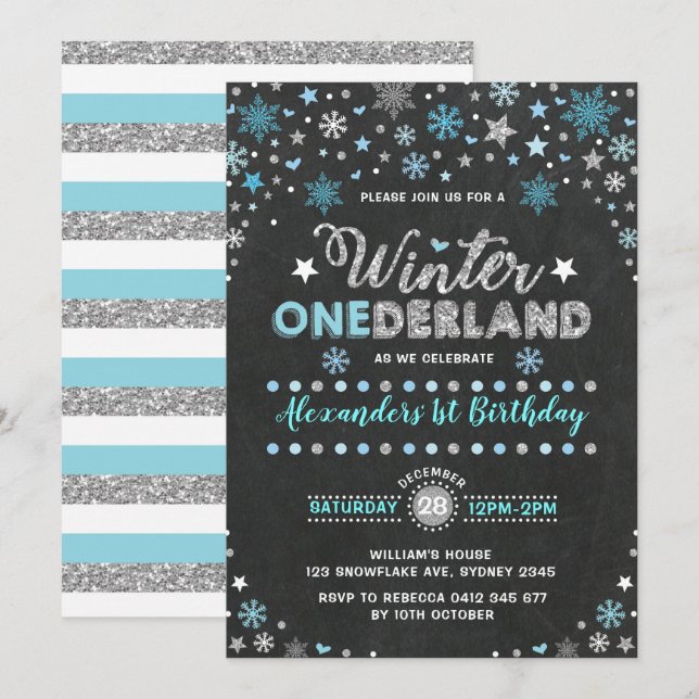 Winter ONEderland Blue Silver Snowflakes Birthday Invitation (Front/Back)